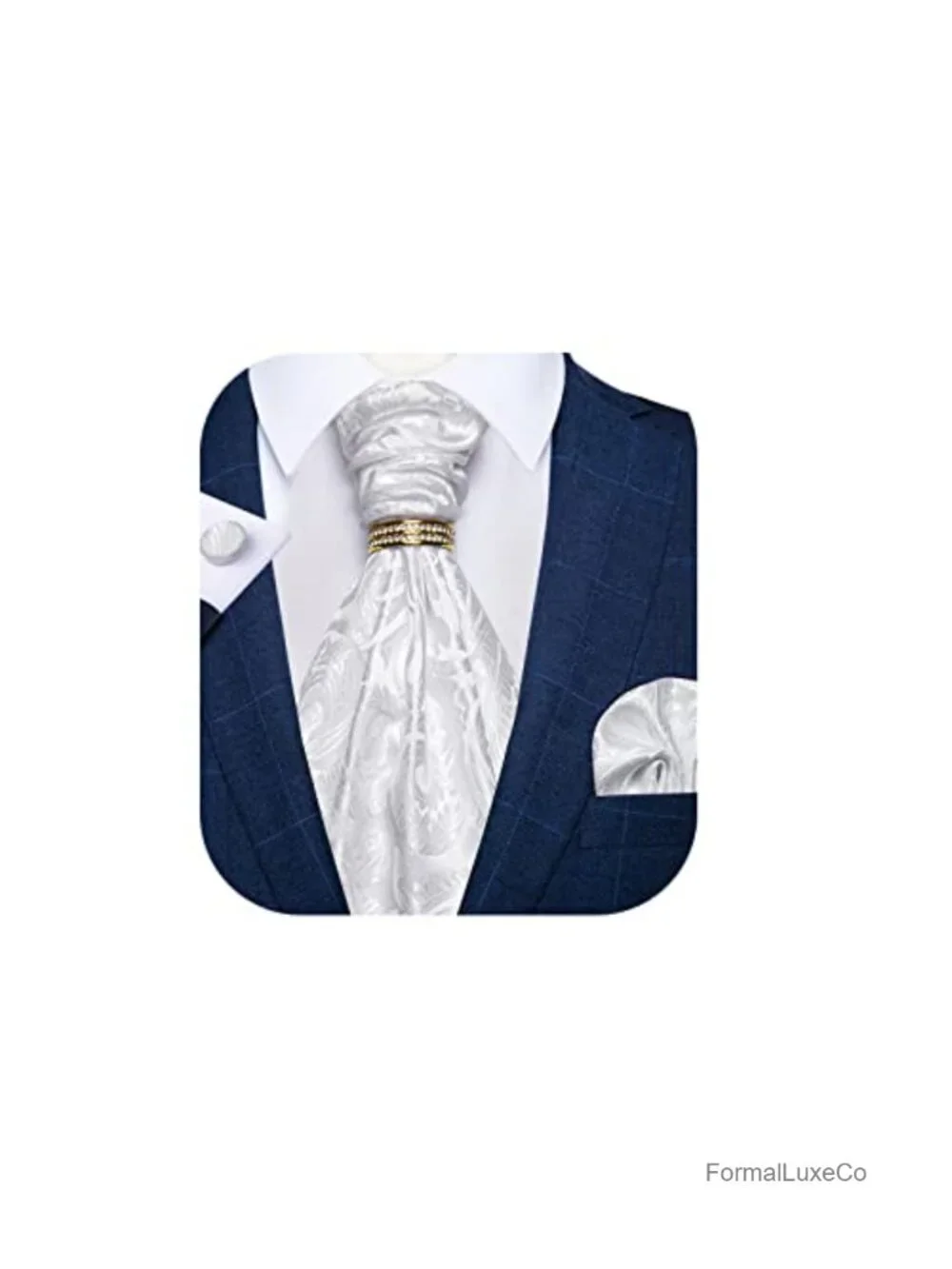 Silk Ascot Tie Set with Pocket Square, Cufflinks & Tie Ring for Men - Wedding